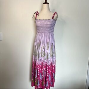 Floral Ombré Feather Print Maxi Sundress with Tie Straps Size Large